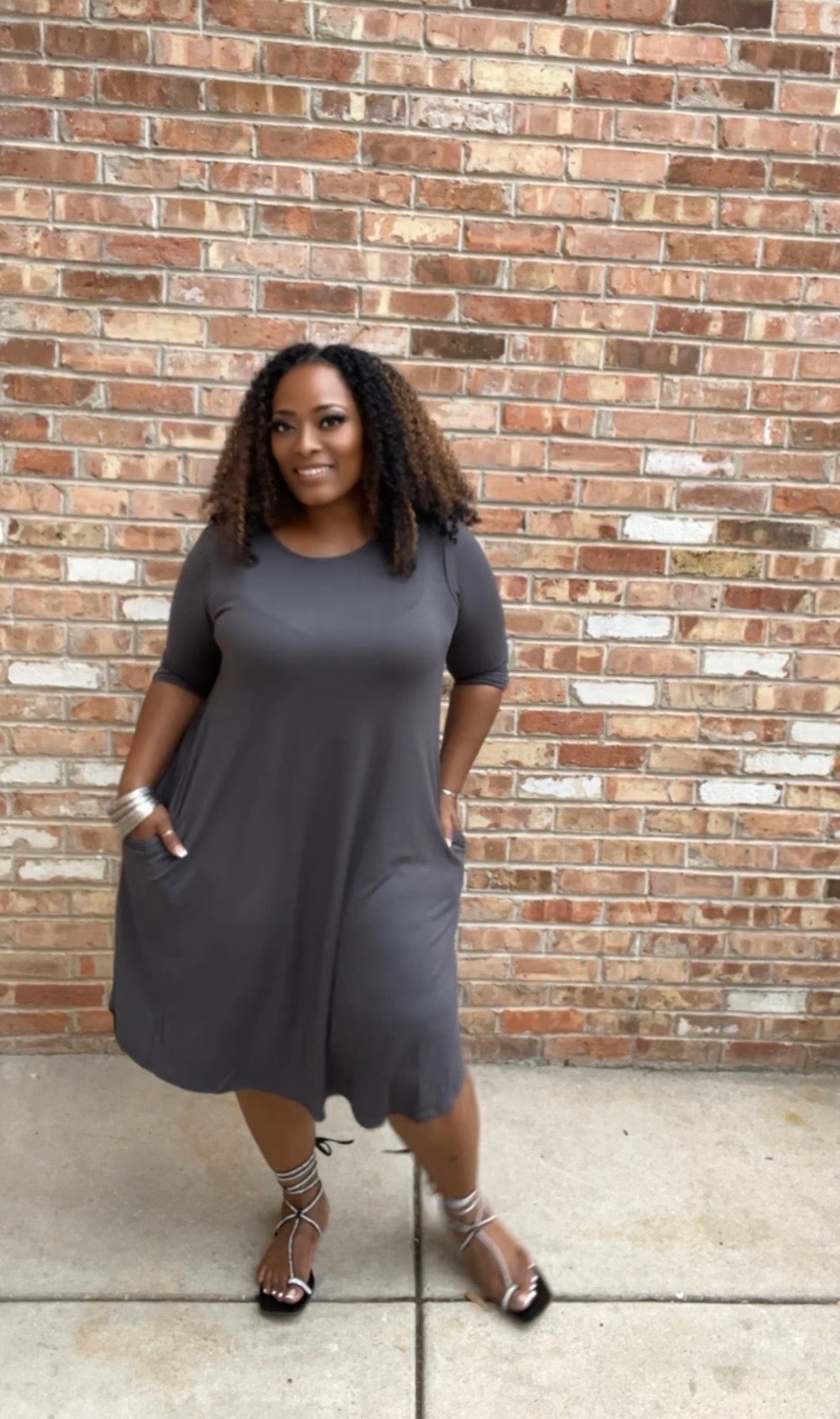 plus size reversible a line dress pockets Solid Color Pocket A Line Plus Size Dress
